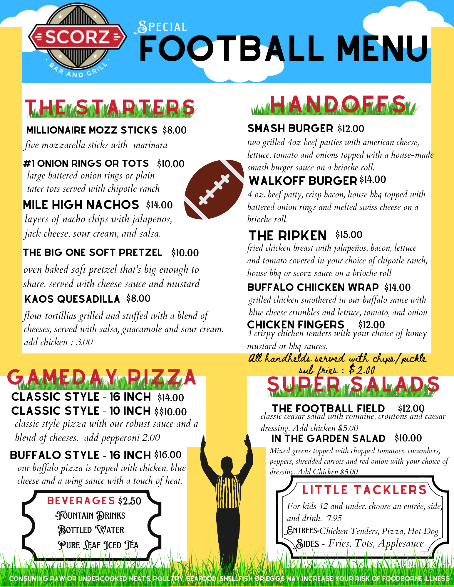 Football Menu Scorz Bar And Grill